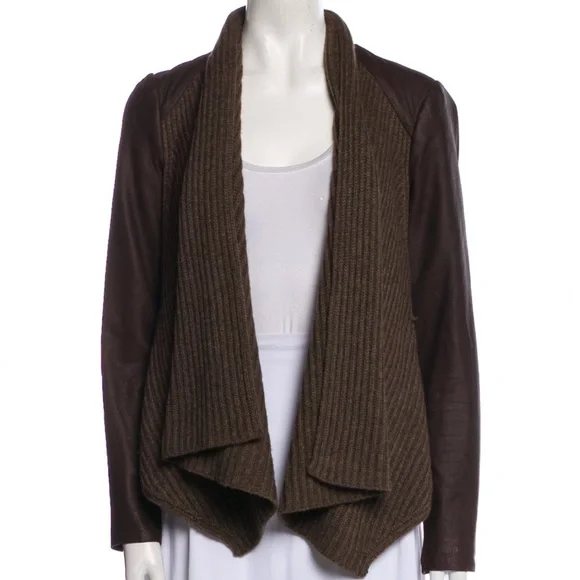 Vince Brown Wool Leather Draped Jacket Cardigan Small - Picture 2 of 3